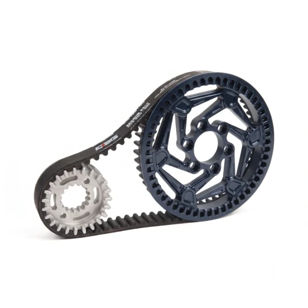 EBG Primary Drive Pulley Kit V2 for E Ride Pro with VTB Ryuga 52kW splined-shaft front pulley — Gunmetal Blue CNC 7075-T6 rear pulley and carbon belt
