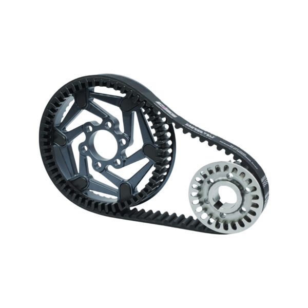 EBG Primary Drive Pulley Kit V2 for Surron Light Bee X — CNC 7075-T6 aluminum hub, stainless steel ring, carbon fiber belt