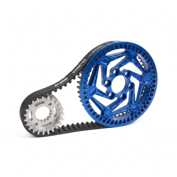EBG Primary Drive Pulley Kit V2 for Ventus One Plus / V1+ EVO with VTB Ryuga 52kW splined-shaft front pulley — Blue CNC 7075-T6 rear pulley and carbon belt