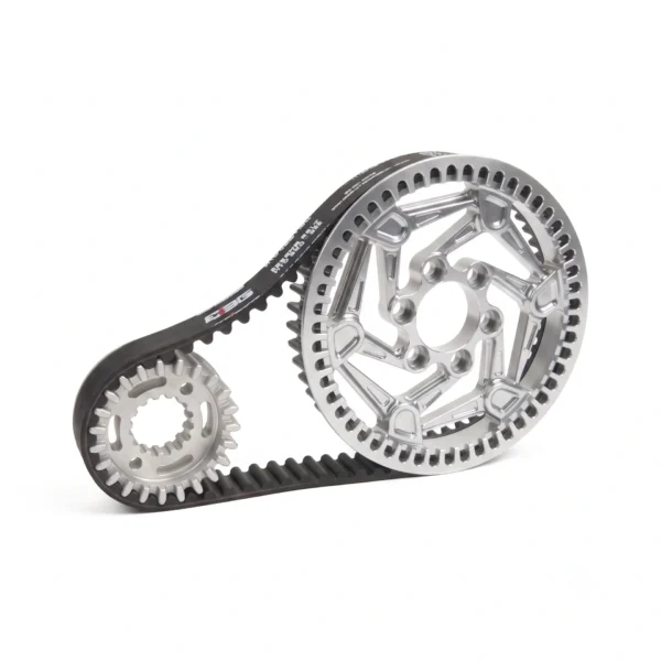 EBG Primary Drive Pulley Kit V2 for Ventus One Plus / V1+ EVO with VTB Ryuga 52kW splined-shaft front pulley — Raw Silver CNC 7075-T6 rear pulley and carbon belt