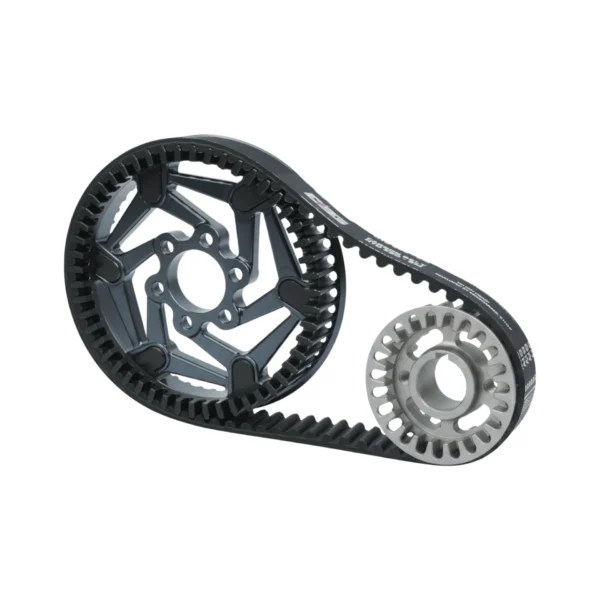 EBG Primary Drive Pulley Kit V2 for E Ride Pro — rear view of front pulley, rear pulley and carbon belt