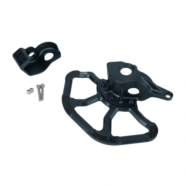 EBG Surron Ultra Bee front rotor guard and fork guard for Stock KKE Fork, CNC 7075-T6 aluminum, Gunmetal Blue