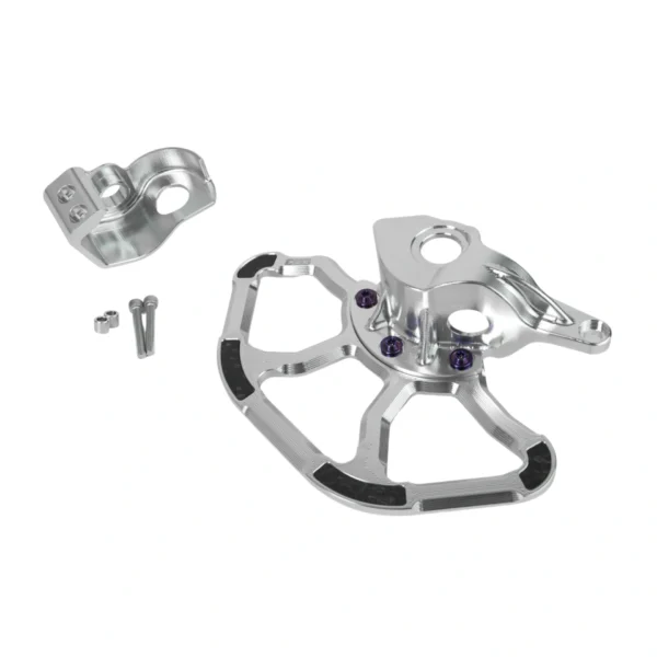 EBG Surron Ultra Bee front rotor guard and fork guard for Stock KKE Fork, CNC 7075-T6 aluminum, Raw Silver