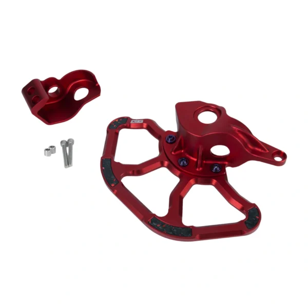 EBG Surron Ultra Bee front rotor guard and fork guard for Stock KKE Fork, CNC 7075-T6 aluminum, Red