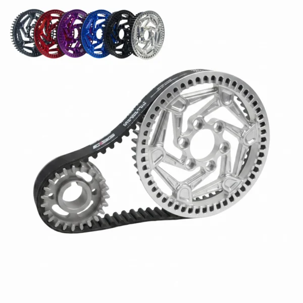 EBG Primary Drive Pulley Kit V2 for Talaria XXX — Raw Silver front and rear pulley with carbon belt; rear pulley available in 6 anodized colors