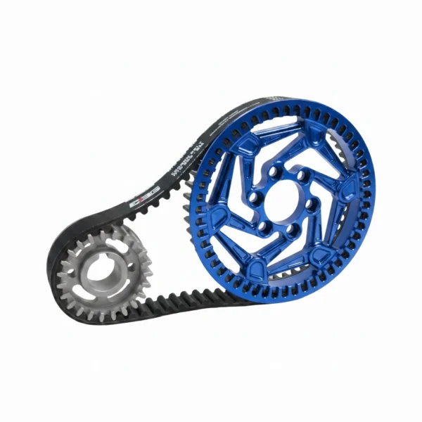 EBG Primary Drive Pulley Kit V2 for Ventus One Plus / V1+ EVO — Blue CNC 7075-T6 rear pulley, 420J2 front pulley and carbon belt