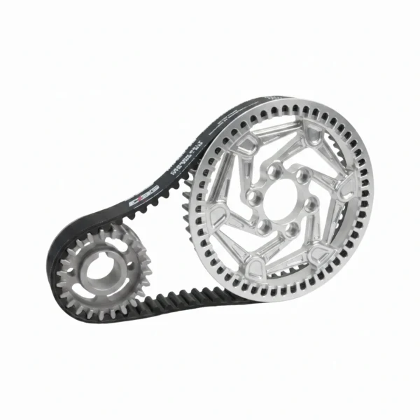 EBG Primary Drive Pulley Kit V2 for Ventus One Plus / V1+ EVO — Raw Silver CNC 7075-T6 rear pulley, 420J2 front pulley and carbon belt