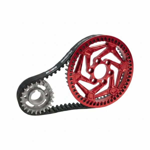 EBG Primary Drive Pulley Kit V2 for Ventus One Plus / V1+ EVO — Red CNC 7075-T6 rear pulley, 420J2 front pulley and carbon belt