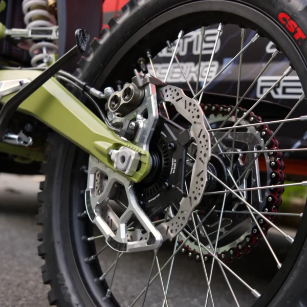 Surron Light Bee 2 220mm rear rotor close-up on the bike