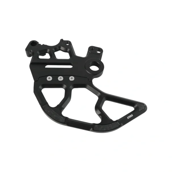 EBG one-piece CNC 7075 rear brake bracket with integrated rotor guard for Talaria Komodo, black anodised
