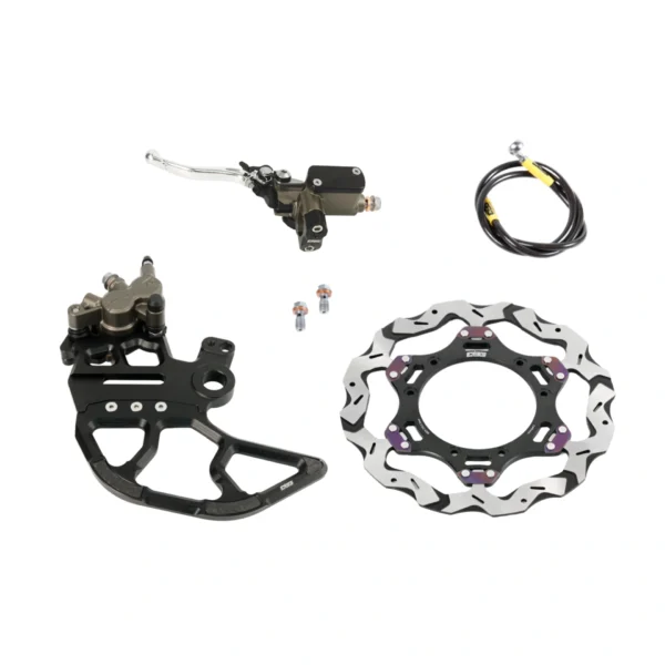 EBG Talaria Komodo rear brake kit with genuine Sur-Ron Ultra Bee caliper, master cylinder, braided line, CNC bracket with rotor guard and 240mm floating rotor